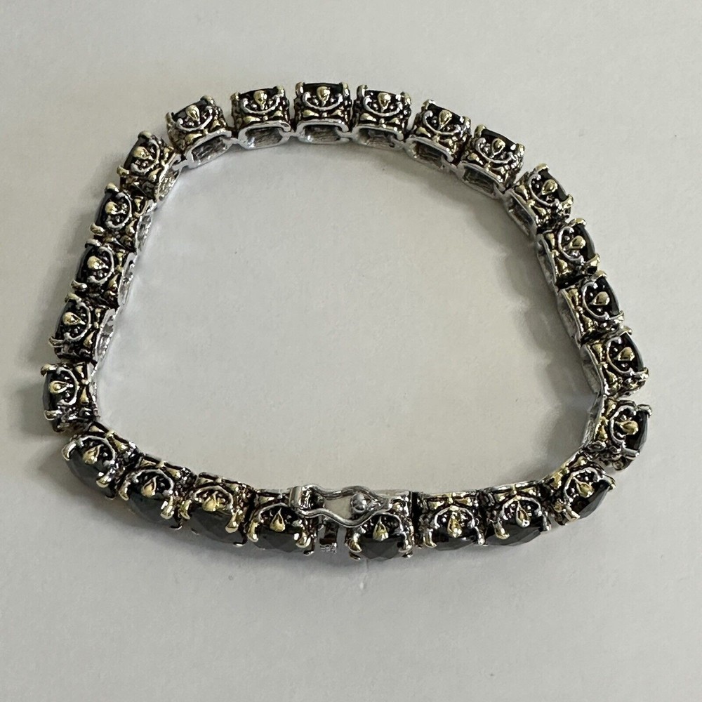 Bracelet Black Faceted Tennis Style Two Toned Safety Clasp IJDI China 925 Marked - Picture 3 of 13
